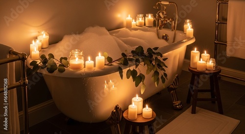 Romantic, candlelit bathtub filled with bubbles, creating a relaxing spa atmosphere.