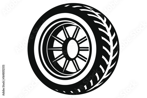 Black and White Illustration of a Car Tire and Wheel with Spokes Design
