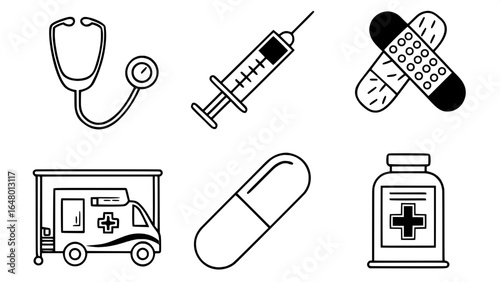 "Thin stroke healthcare vector icons, set of stethoscope, thermometer, emergency cross, pill capsule, syringe, ambulance, heart with heartbeat line, hospital bed, telehealth video call symbol, blood t