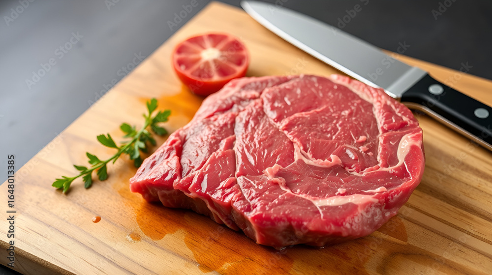 Fototapeta premium raw tri tip steak beef on wooden cutting board