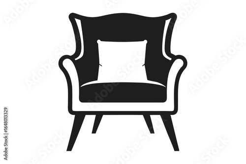 Elegant Black Armchair with White Pillow, Modern Furniture Interior Design Icon
