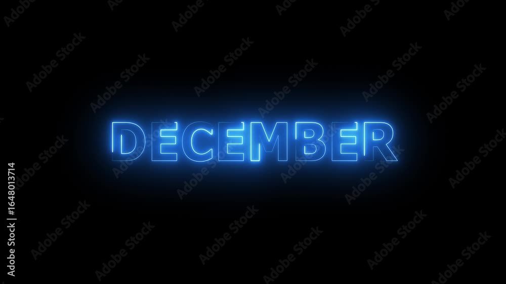 Abstract glowing text month December light neon black background. Word December neon glowing on a black background with reflections on a floor. Neon shine month name December text sign icon animation Abstract glowing text month December light neon black background. Word December neon glowing on a black background with reflections on a floor. Neon shine month name December text sign icon animation