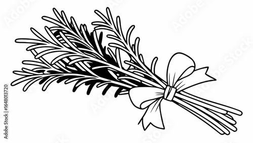 Illustration of a rosemary bunch tied with a ribbon in black and white line art