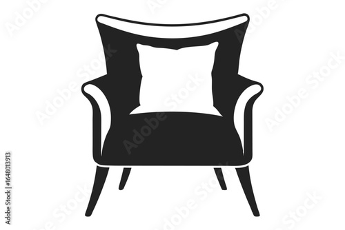 Black Wingback Chair Silhouette with Cushion, MidCentury Modern Style, Vector Graphic