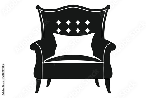 Elegant Black Armchair with White Pillow and Diamond Pattern Design Silhouette