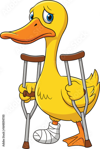 Cartoon Injured Duck Using Crutches—Bandaged Foot and Sad Expression for Humor, Empathy, and Educational Animal-Themed Illustrations