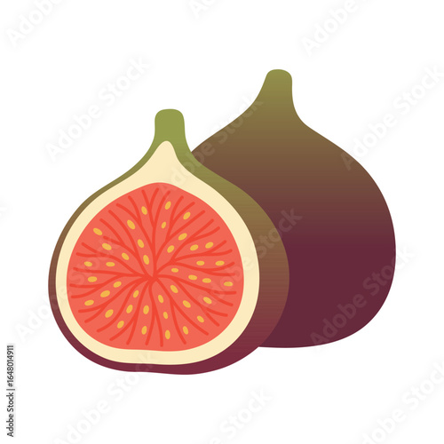 Figs, whole and sliced. Perfect for food packaging, menus, healthy eating, and botanical design. Sweet autumn fruit. Vector flat illustration isolated on white.