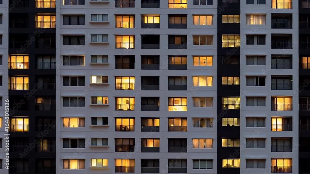 Urban apartment building facade, evening lights glow from windows creating a warm atmosphere, city living concept with a hint of coziness during twilight Urban apartment building facade, evening lights glow from windows creating a warm atmosphere, city living concept with a hint of coziness during twilight