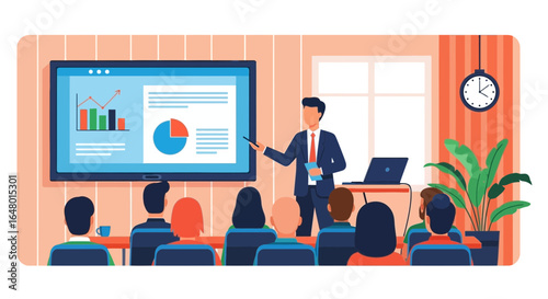 Professional business presentation delivered to attentive audience in office setting