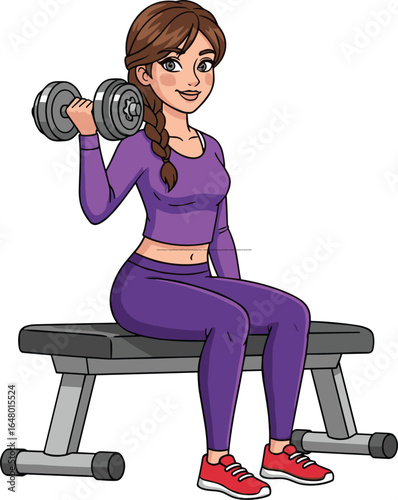 Cartoon Person in Purple Workout Outfit Doing Seated Shoulder Press—Fitness, Strength Training, and Healthy Lifestyle Illustration for Stock Use