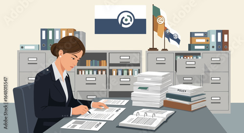 A business woman signs paper works with policy documents at office workspace