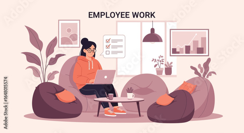 Illustration of a woman working remotely in a comfortable home environment