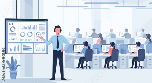 Data analyst presenting key performance indicators to call center employees