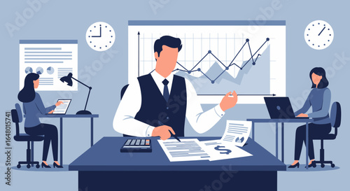 Professional environment depicting effective financial analysis and teamwork