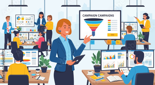 Presentation of marketing campaign strategy with digital conversion funnel