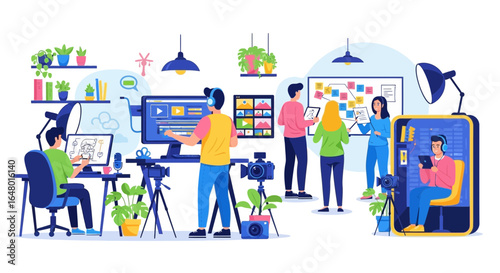 Diverse creatives collaboratively developing video content in a vibrant office studio