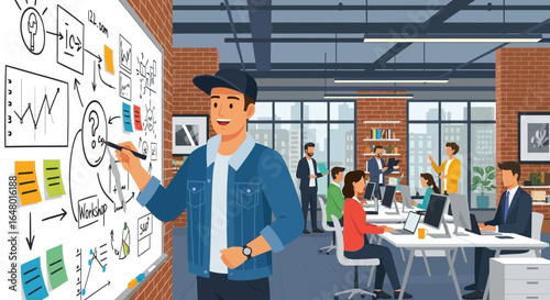 Illustrative depiction of a collaborative business meeting with whiteboard brainstorming