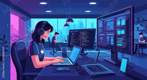 Concentrated young woman coding at a desk in a futuristic office environment