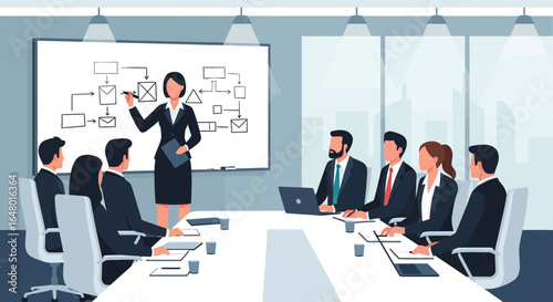 Business woman leading a whiteboard presentation to a team in a meeting room