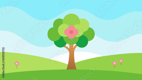 A vibrant spring landscape with blossoming trees and flowers under a sunny sky