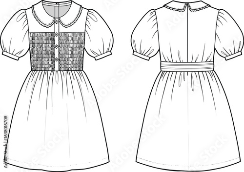 cad drawing flat vector illustration of girls dress front and back view, puff sleeve, peter pan collar, smocked bodice design