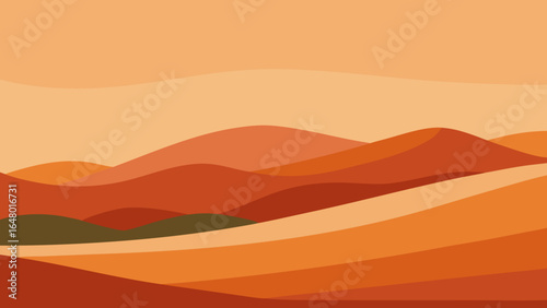 Vector illustration of a desert landscape at sunset with vibrant orange and gold tones, showing mountains, dunes, and a lone tree silhouette against the horizon