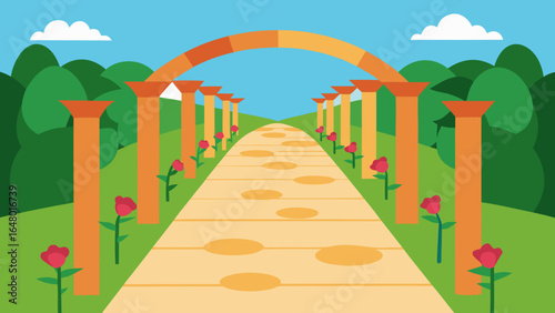 A vibrant summer sky with a rainbow arches over a winding coastal road leading to the sandy beach and ocean