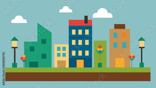 A cartoon vector illustration of a bustling cityscape with colorful buildings, roads, and green trees under a bright sky