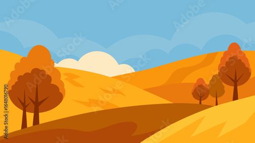 Camels journey through a vast, orange desert landscape under a warm, cloudy sunset with mountains on the horizon