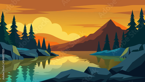 Serene sunset paints a fiery sky over majestic mountains and a tranquil lake, some trees silhouetted against the golden hour