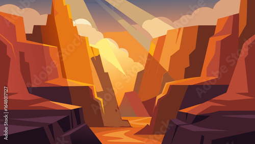 An illustrated cityscape silhouette at sunrise with a fiery orange sky and distant mountains