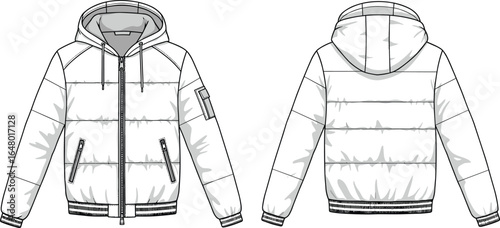 Puffer jacket front and back view, hooded winter coat, fashion flat sketch, outerwear technical drawing, casual warm clothing design