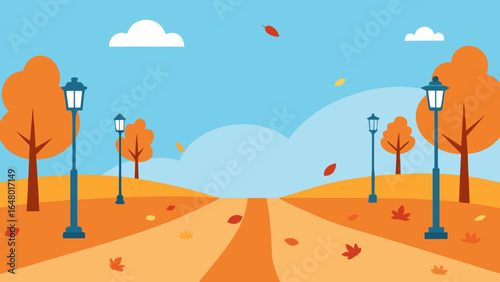 Vibrant autumn trees line a scenic road under a cloudy sky