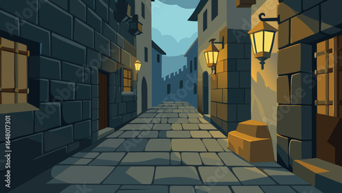 A narrow, cobblestone street in the historic old town of Europe, with ancient buildings and classic stone architecture