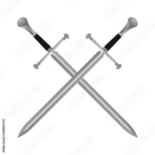 A graphic illustration shows two steel swords crossed, handles facing outward with light reflecting off the blades. The backdrop is a plain white, emphasizing focus.