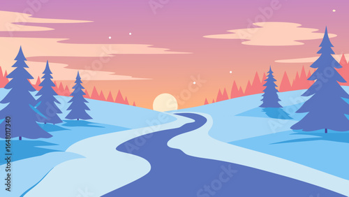 A stunning snowy winter landscape with pine trees and a frozen mountain road under a cold, white sky