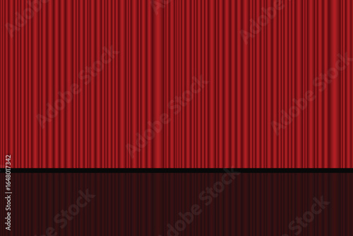 A striking illustration showcases a vibrant red curtain, perfectly straight, meeting a darker stage floor below. The floor appears to reflect the red fabric, adding depth.