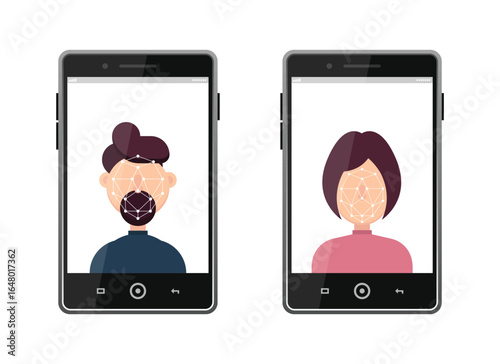 Two smartphones displaying face recognition technology, showing a woman and a man being scanned with a digital face-mapping grid on the screen, illustrating security and biometric identification.