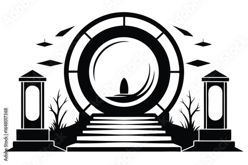 Mysterious Black Portal Illustration with Steps, Lanterns, and Geometric Shapes Design