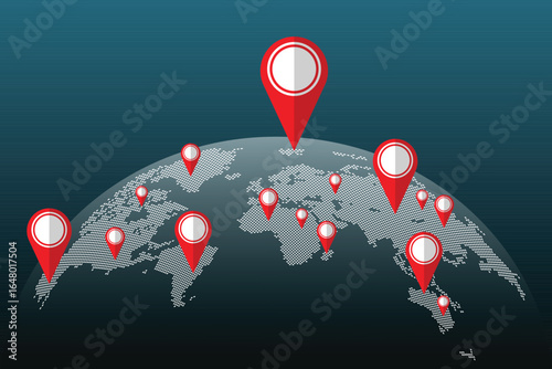 A world map illustration displays multiple pinpoint markers, signifying various locations worldwide, emphasizing global connectivity and possible business expansion.