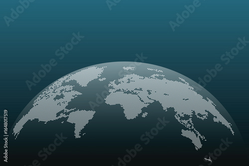 A conceptual representation of the Earth with continents mapped out using white dots on a gradient blue background. The design is simple and modern in style, using dots.