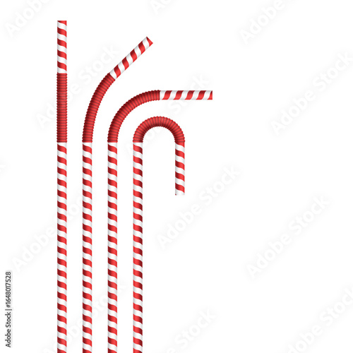 A clean studio shot shows four straws with red and white spiral stripes. Each has a different bend, set against a stark white backdrop with plenty of surrounding copy space.