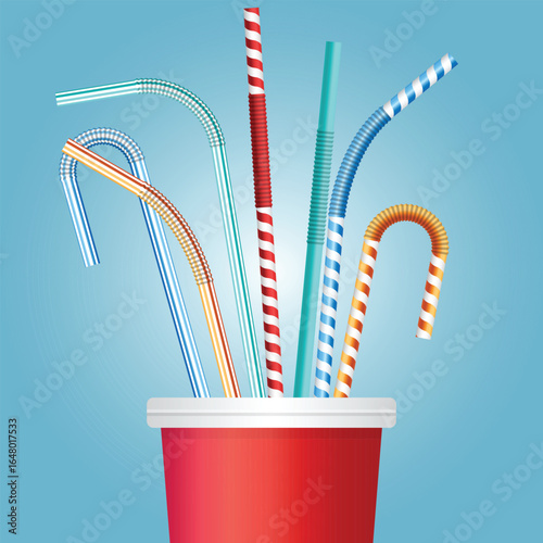 A vibrant close-up showcases an assortment of colorful, stripped drinking straws nestled in a red cup. Set against a cool blue backdrop, it suggests beverage and enjoyment.