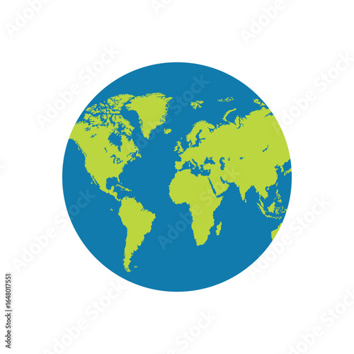 A simple flat design illustration showcases a world map. Green continents are set against a vibrant blue ocean, providing a visual representation of the world. 