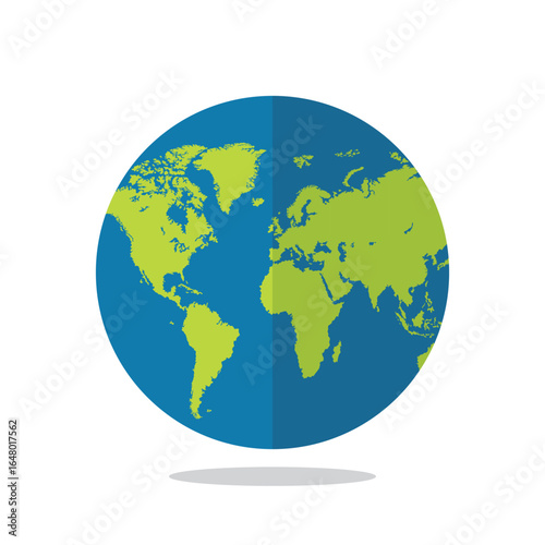 A flat design world map is presented with green continents set against a blue ocean backdrop. The map offers a clear, simplified view of global geography and interconnectedness.