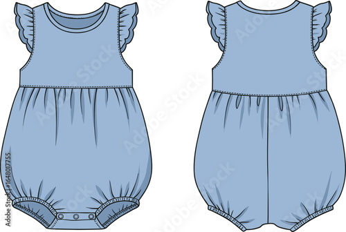 Baby romper with flutter sleeves, flat fashion CAD drawing, front and back vector illustration
