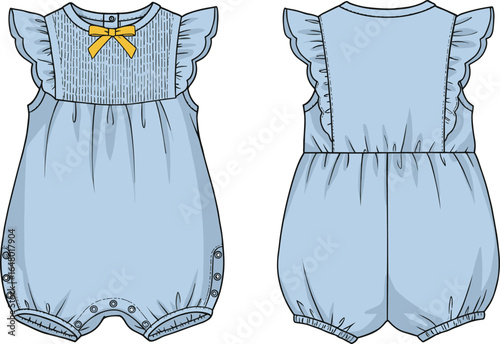 Baby romper with bow detail and flutter sleeves, CAD drawing flat vector illustration