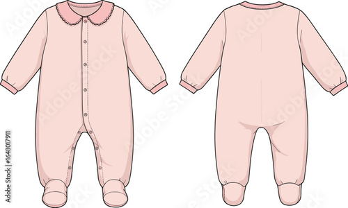 Pink baby sleepsuit with peter pan collar, footed design, cozy newborn nightwear, cad drawing flat vector illustration