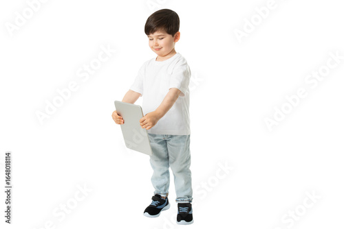 Boy Holding Tablet, PNG, isolated on transparent Background
