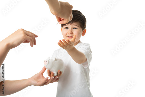 Boy with Piggy Bank, PNG, isolated on transparent Background
